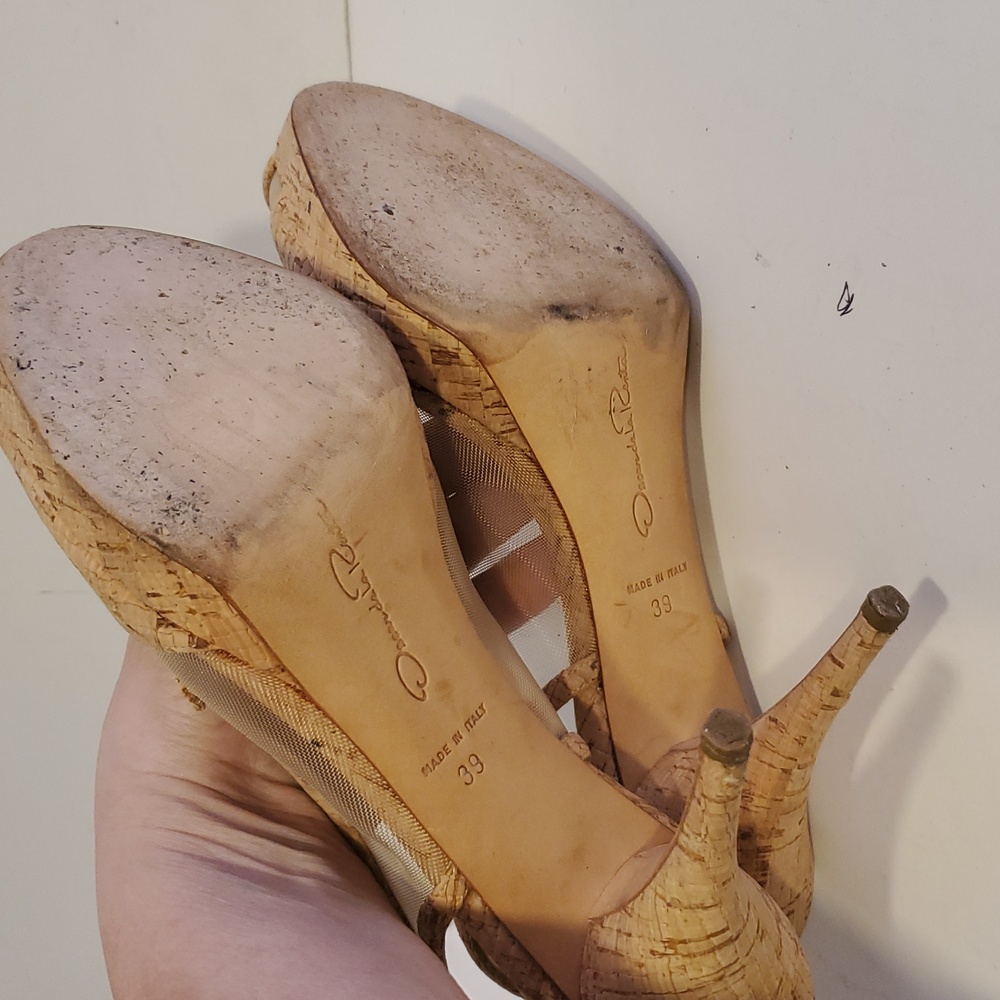 Oscar de la Renta Cork Mesh Slingback Peeptoe Heels Size 9 - Picture 7 of 12